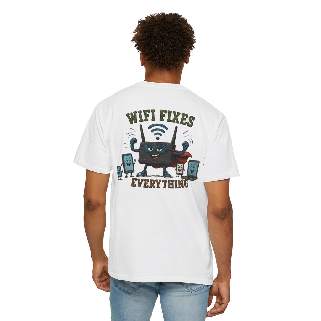 WiFi Fixes Everything T-Shirt — Funny Router Cartoon Tee