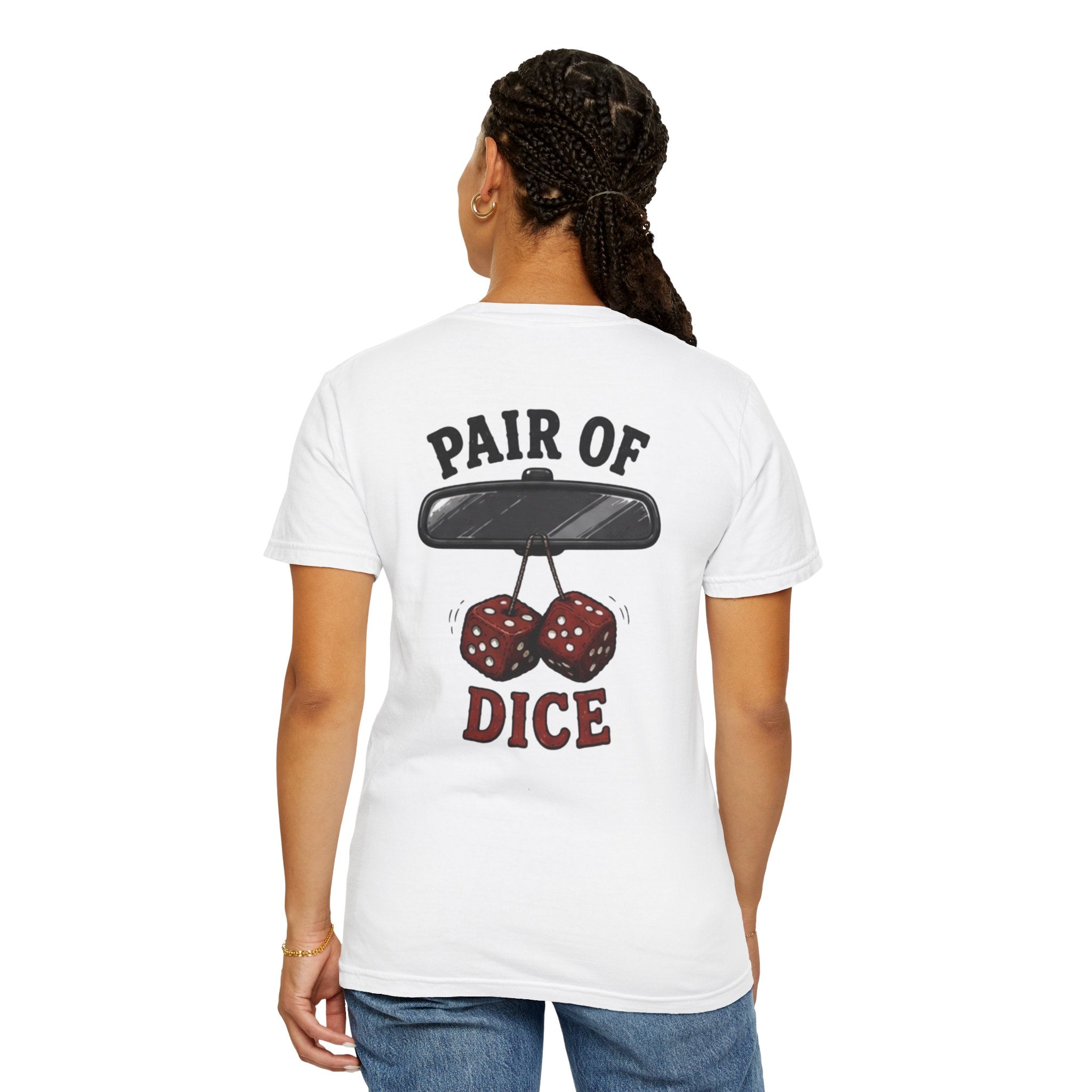 Pair of Dice T-Shirt — Retro Hanging Fuzzy Dice Car Mirror Graphic Tee