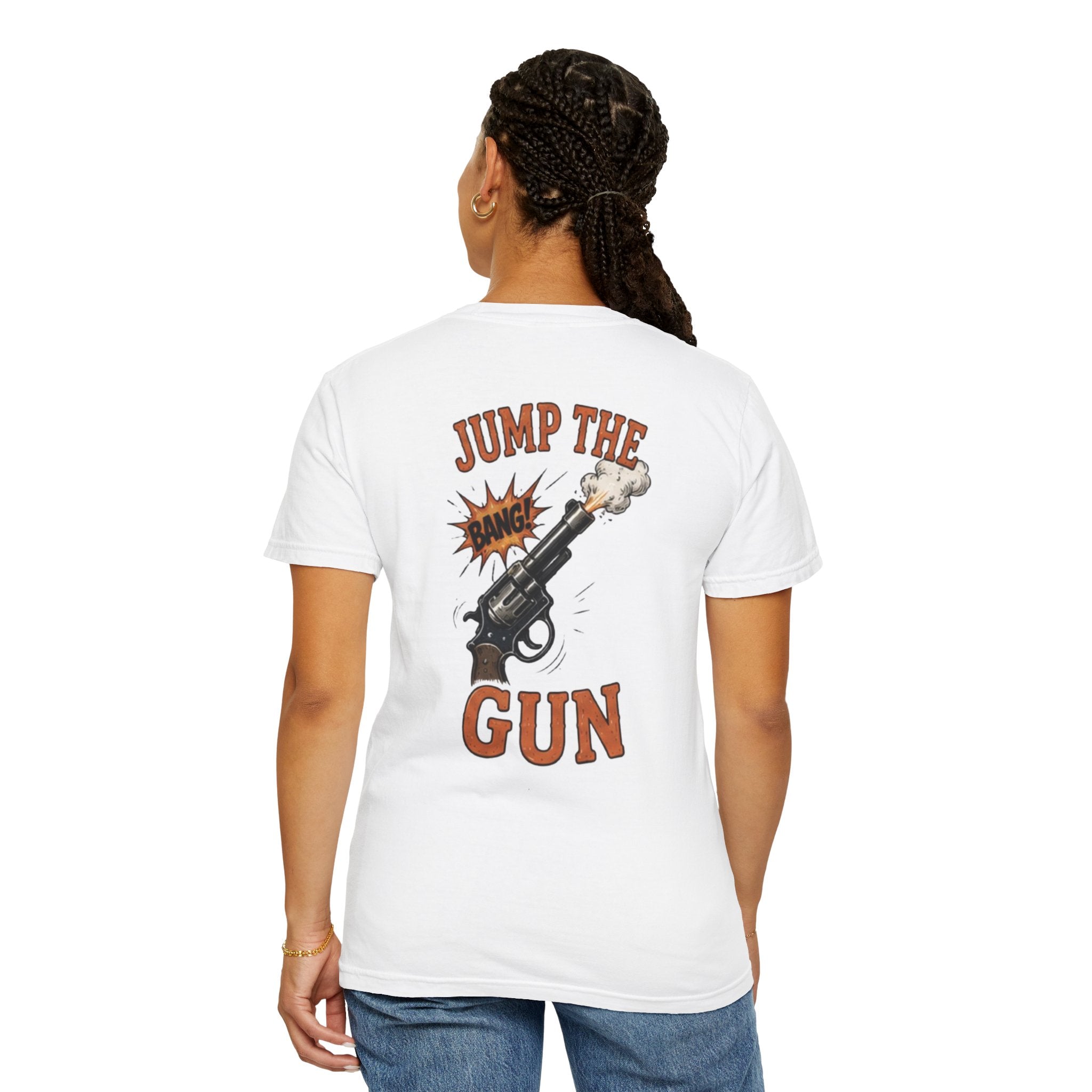 Jump the Gun T‑Shirt — Retro Revolver Graphic Tee
