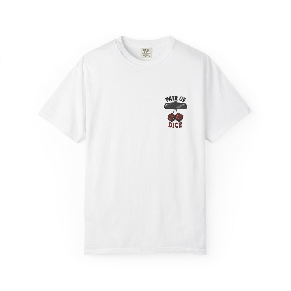Pair of Dice T-Shirt — Retro Hanging Fuzzy Dice Car Mirror Graphic Tee
