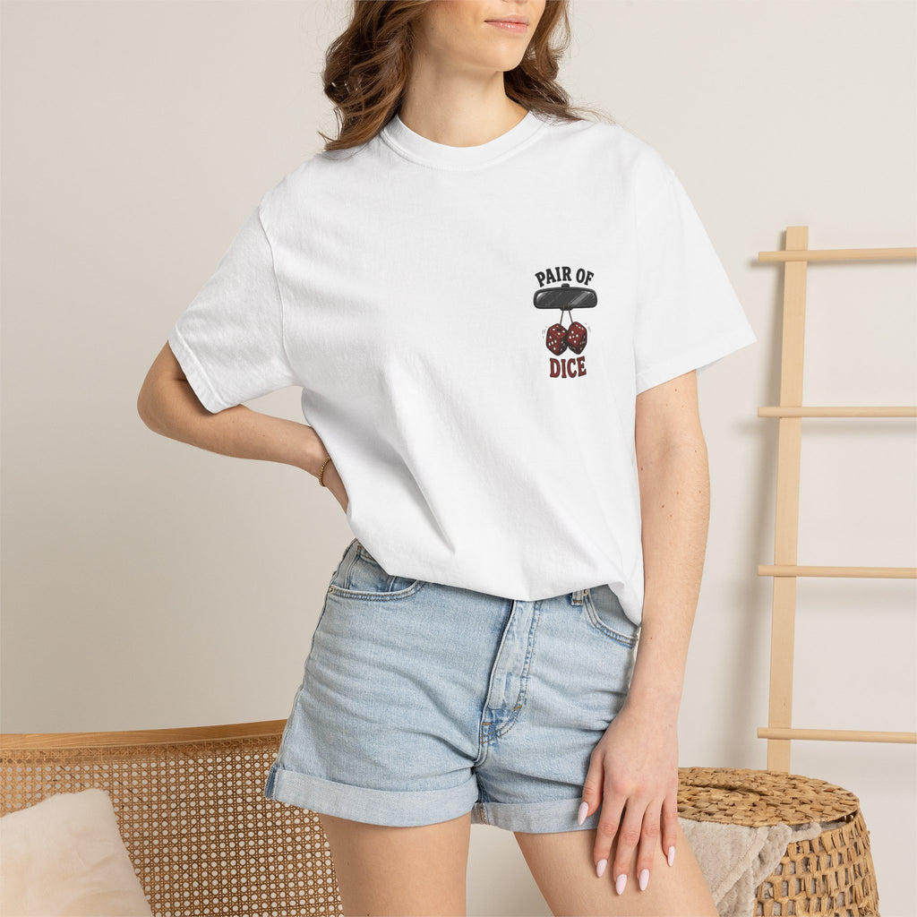 Pair of Dice T-Shirt — Retro Hanging Fuzzy Dice Car Mirror Graphic Tee