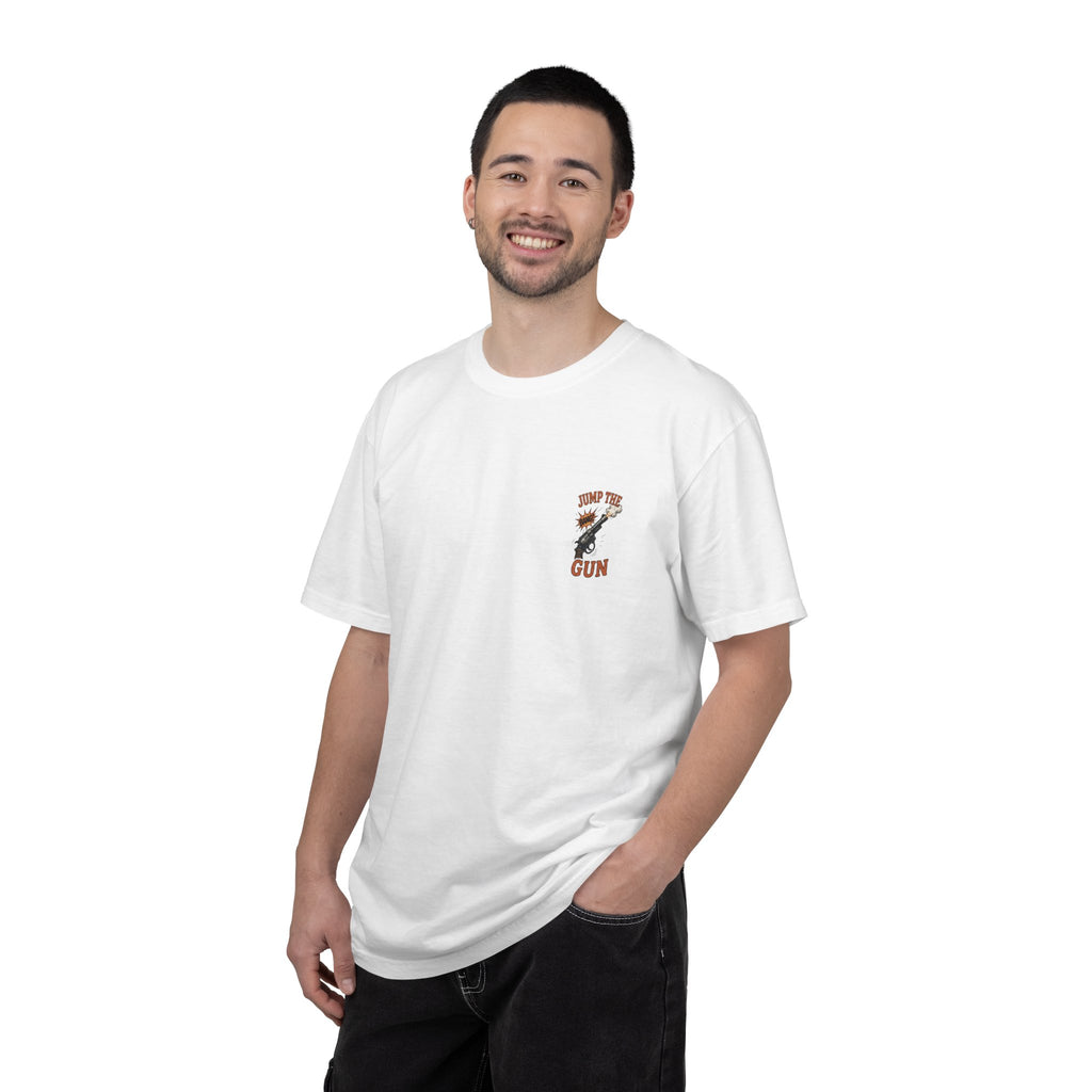 Jump the Gun T‑Shirt — Retro Revolver Graphic Tee