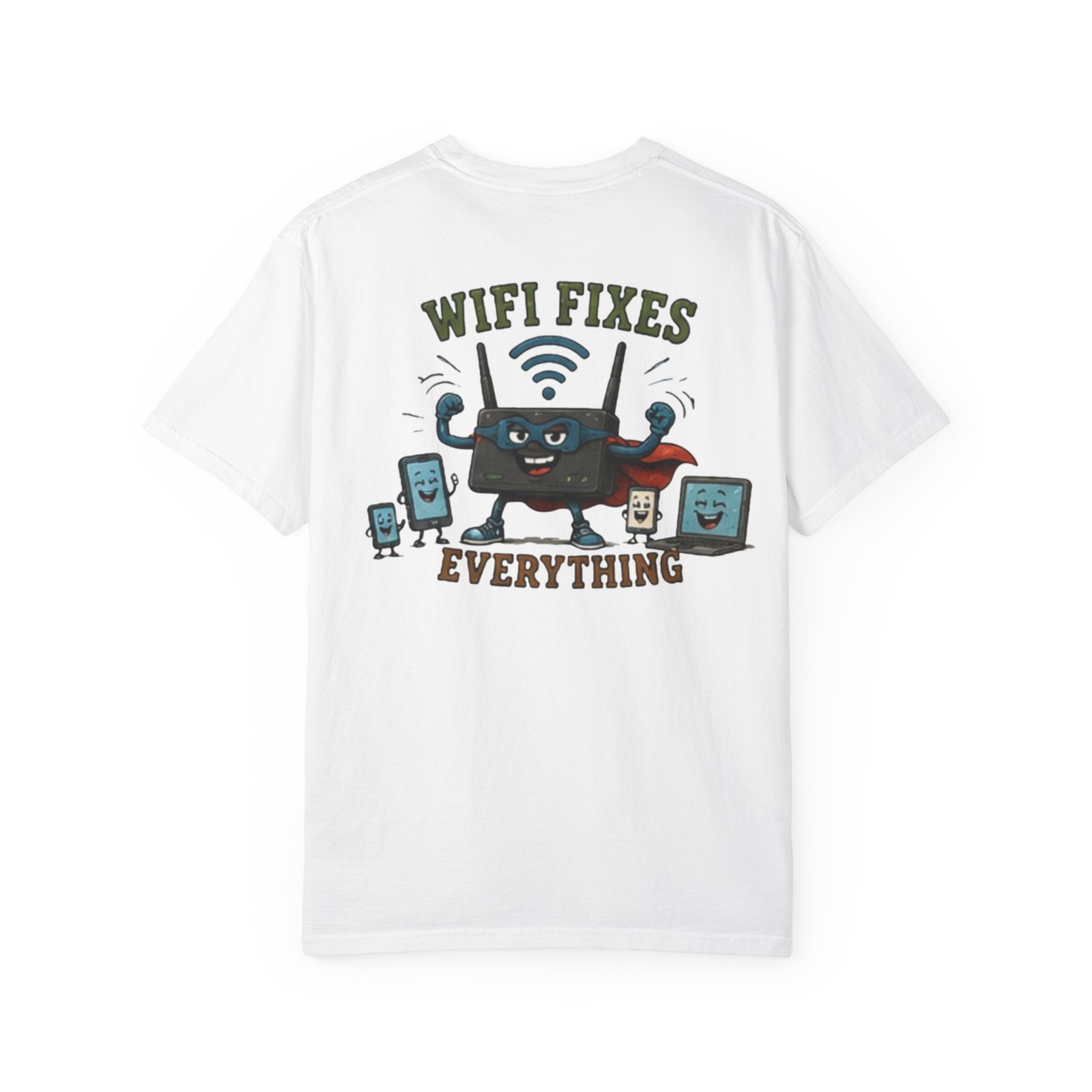 WiFi Fixes Everything T-Shirt — Funny Router Cartoon Tee