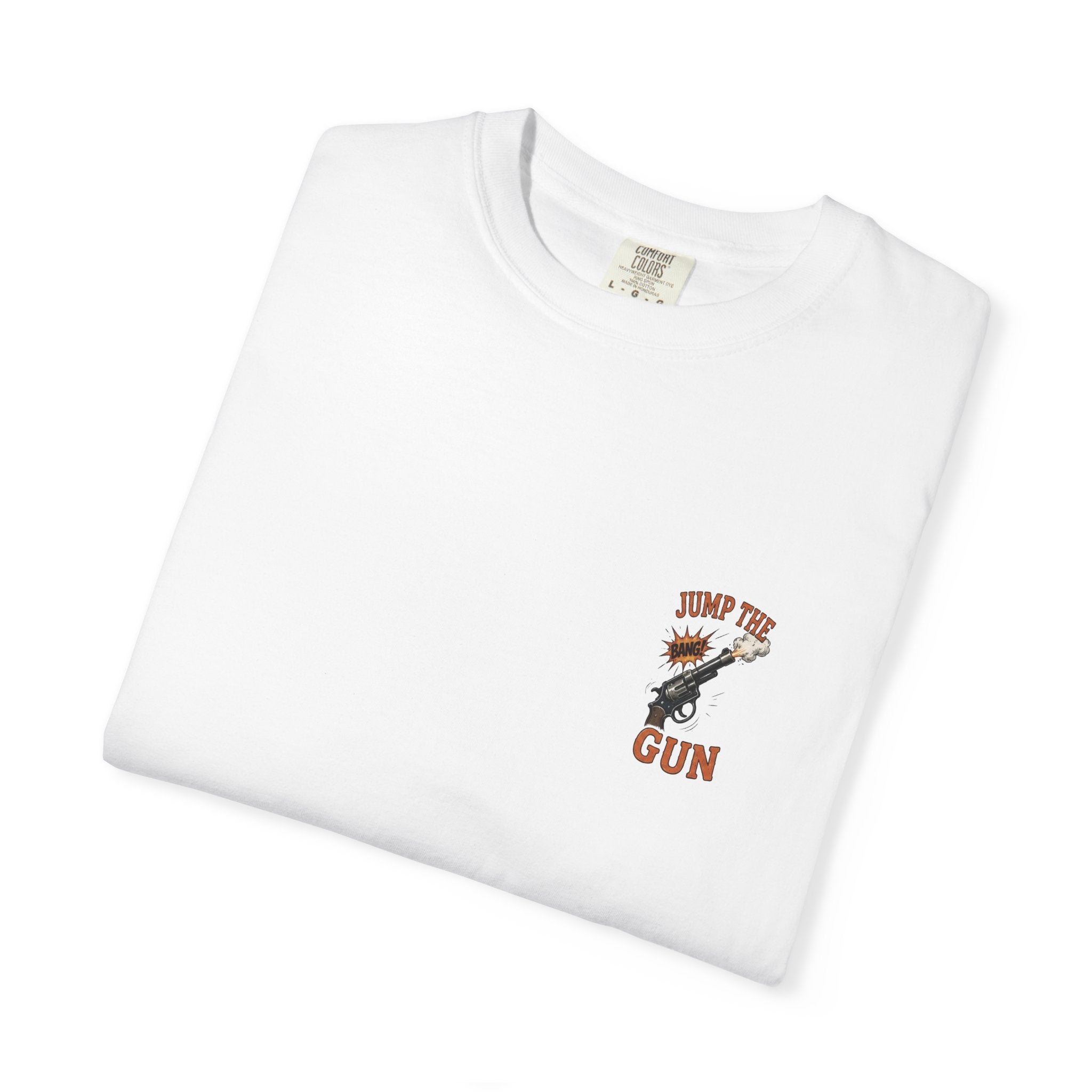 Jump the Gun T‑Shirt — Retro Revolver Graphic Tee