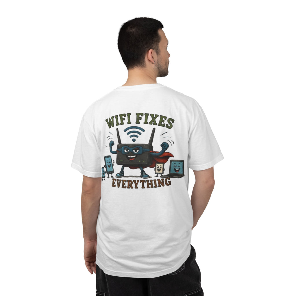 WiFi Fixes Everything T-Shirt — Funny Router Cartoon Tee