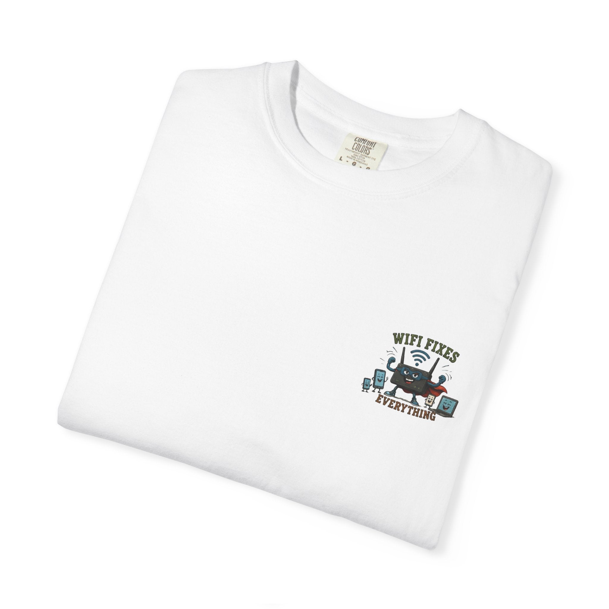 WiFi Fixes Everything T-Shirt — Funny Router Cartoon Tee
